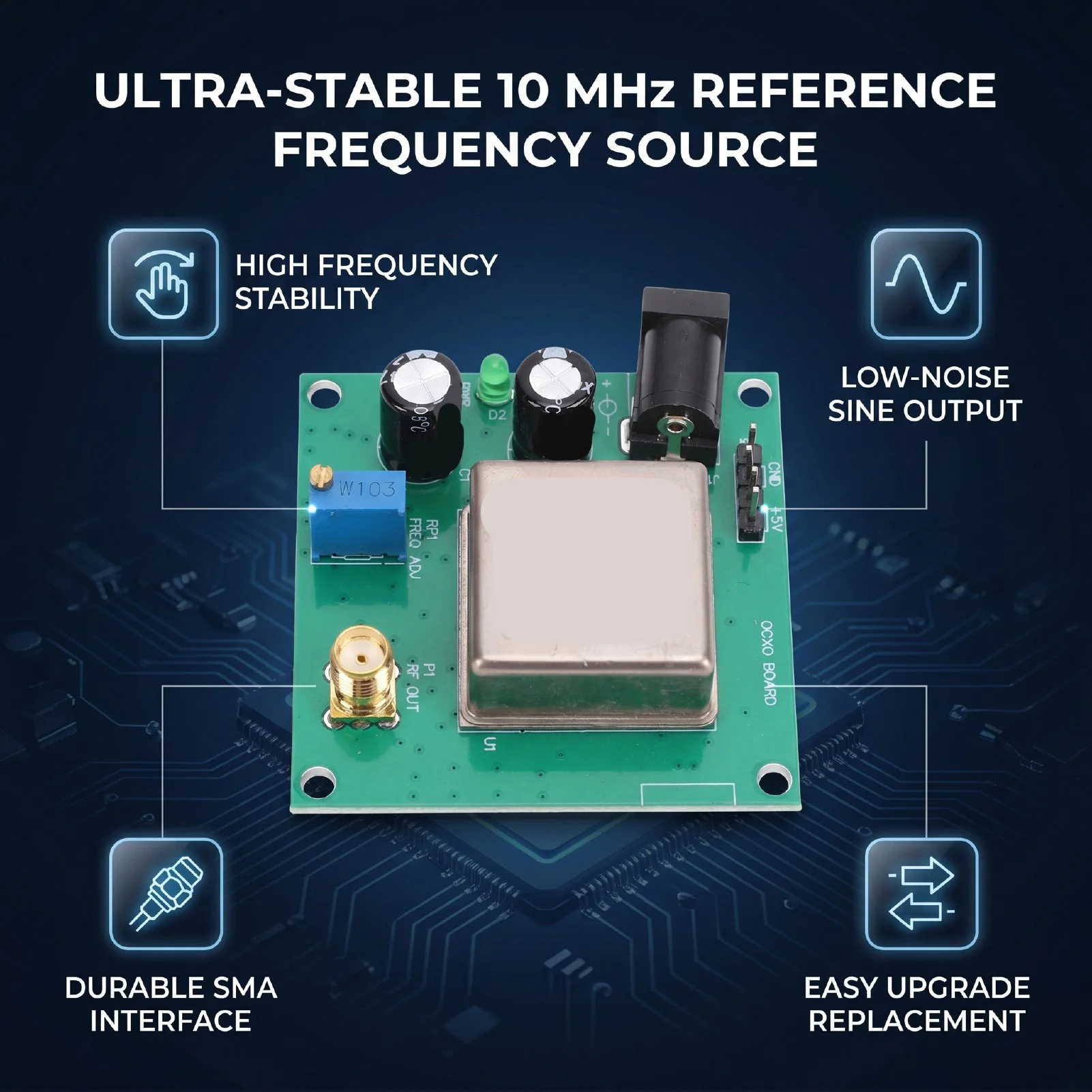 10MHz OCXO Board Frequency Generator with Real Time Display SMA Interface High Stability for Audio Systems Decoders Signal