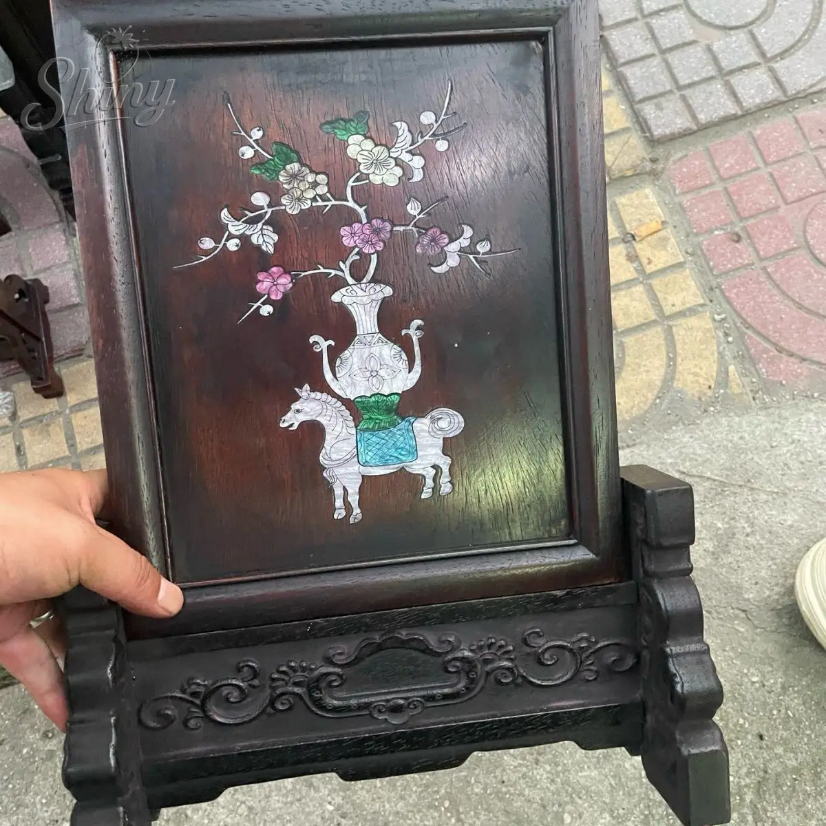 

14" Antique Chinese Pear Wood Screen Hand-Carved Horse Sculpture Shell Inlay Vintage Tabletop Decorative Ornament Room Dividers