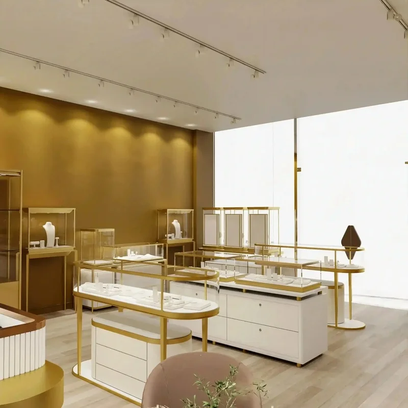 custom.Double-layer Curved Oval Rose Gold Stainless Steel Frame Full Glass Tall Jewelry Display Cabinet With Top Neon LED Light