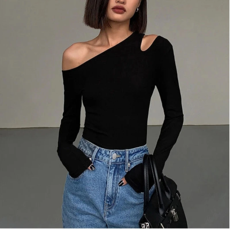 Long Sleeve Hollow Out Off Shoulder Slim Sexy Tops Women Clothes Spring Autumn New Solid Simplicity Sexy T Shirts Fashion Korean