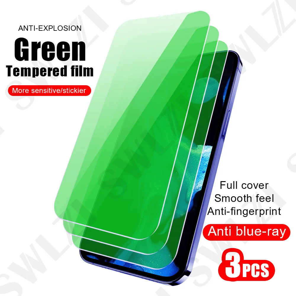 3Pcs Tempered Glass Protective Film for Iphone 16 Pro Max 15 Green Glass Smartphone Screen Protector 14 Plus 13 12 Mini 11 Pro