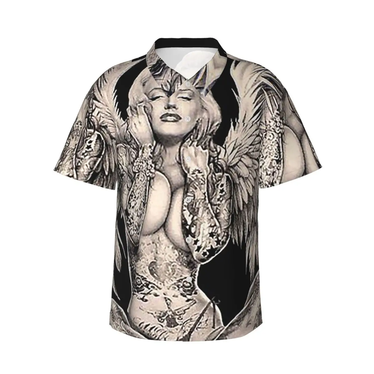 Marilyn Vintage Abstract Tattooed Angel Men's Shirts Hawaiian Short Sleeve Shirt Casual Lapel Tops for Summer Beach