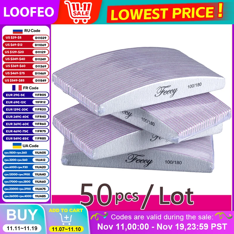 

50 шт/лот пилка для ногтей буферная 100/180 Грит половина Луны двухсторонняя наждачная бумага для ногтей шлифовальный гель лак для ногтей Маникюрный Инструмент