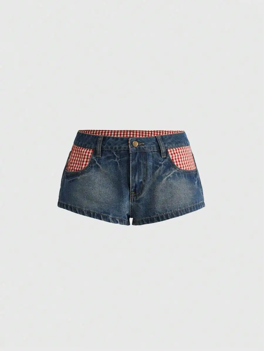 Vintage Plaid Patchwork Low Waist Denim Mini Shorts