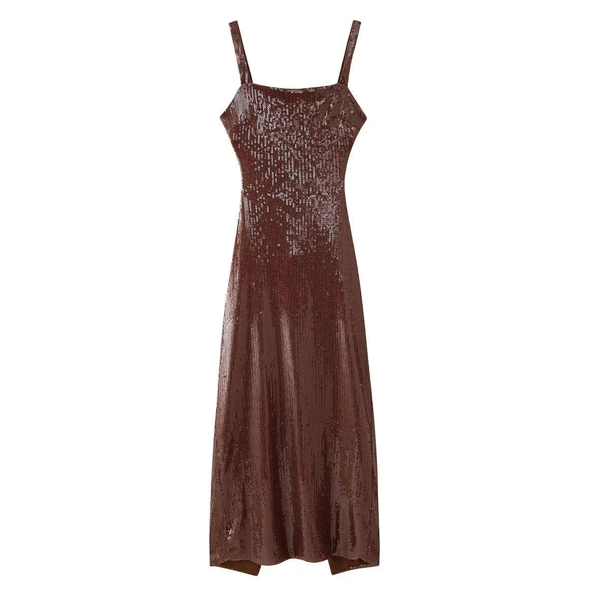 

Sequined Backless Spaghetti Straps Long Dress Brown