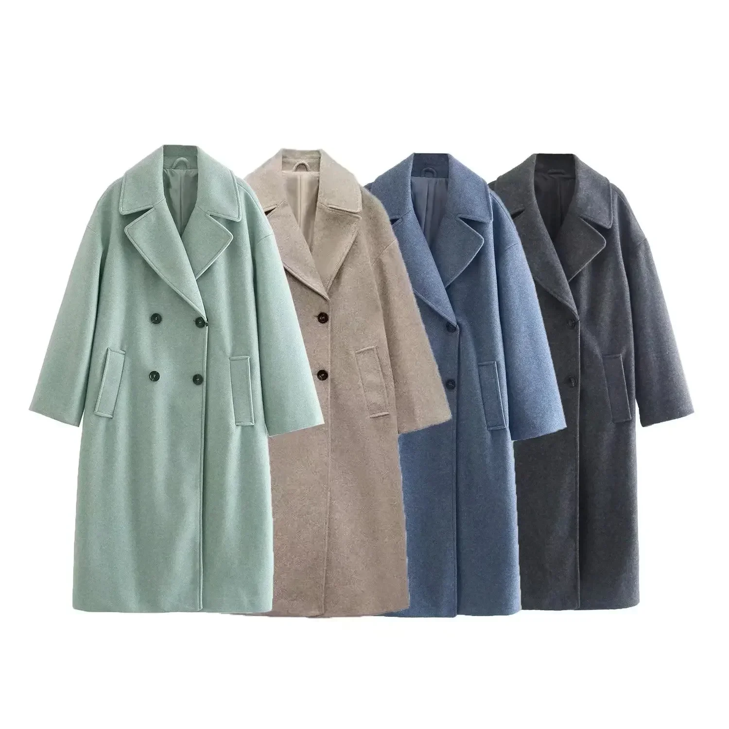 

Women Double Breasted Woolen Coat Lapel Collar Long Sleeves Solid Long Wool Coat Winte Fashion Warm Loose Woolen Overcoat