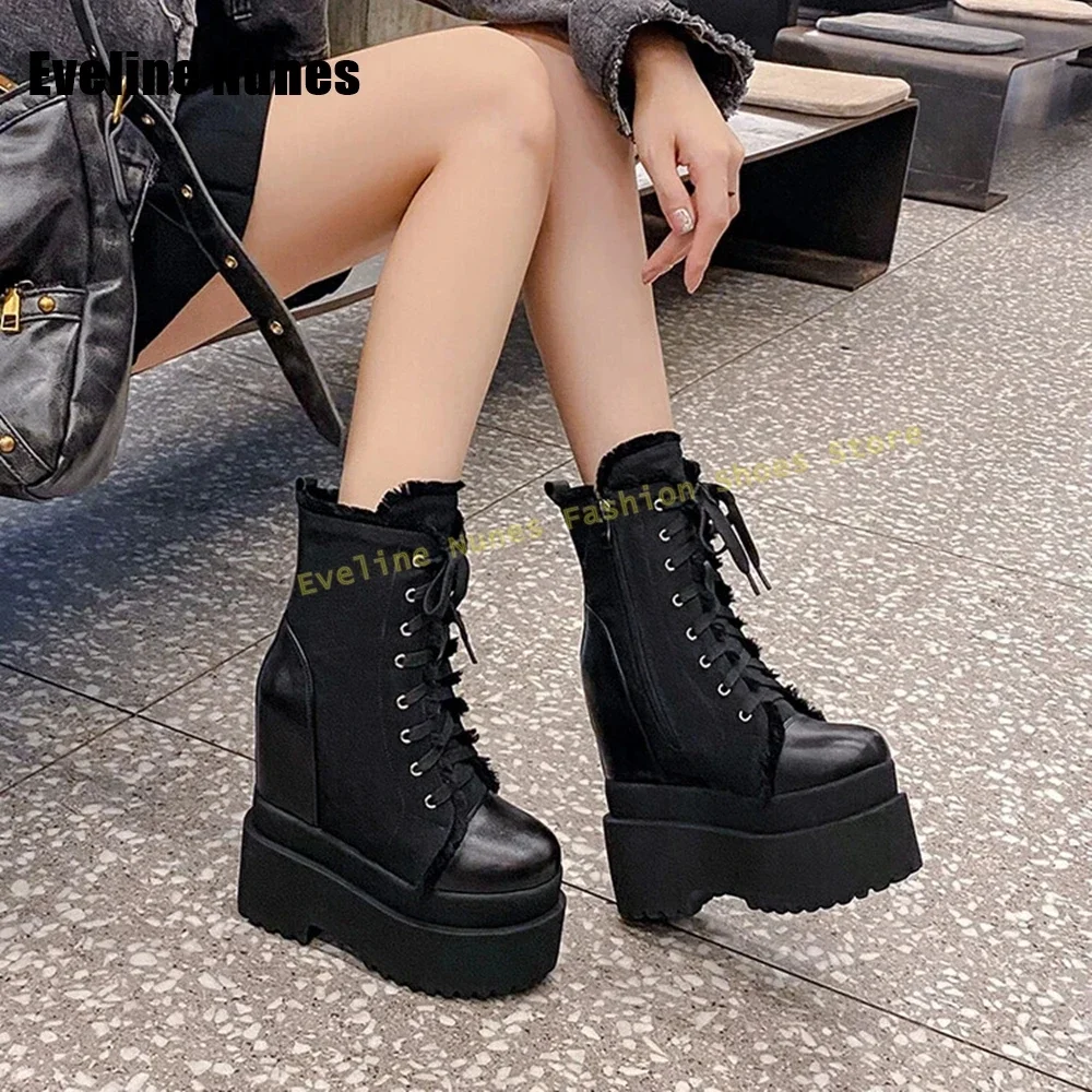 

Women Ankle Boots 2025 Autumn New Arrivals Winter Cross Tied Platform Mid Calf Boots Round Toe Height Increase Patchwork Solid