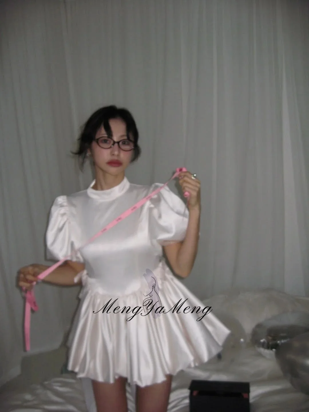 Customized Japanese Sweet High-waisted Satin Short Dress 2026 Korea Wedding Dress Photo Shoot Bubble Short Princess Dress