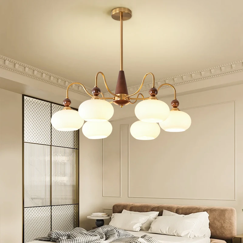 Restaurant Vintage French Living Room Chandelier Designer Walnut Persimmon Pendant Lamps Solid Wood American Retro Bedroom Light