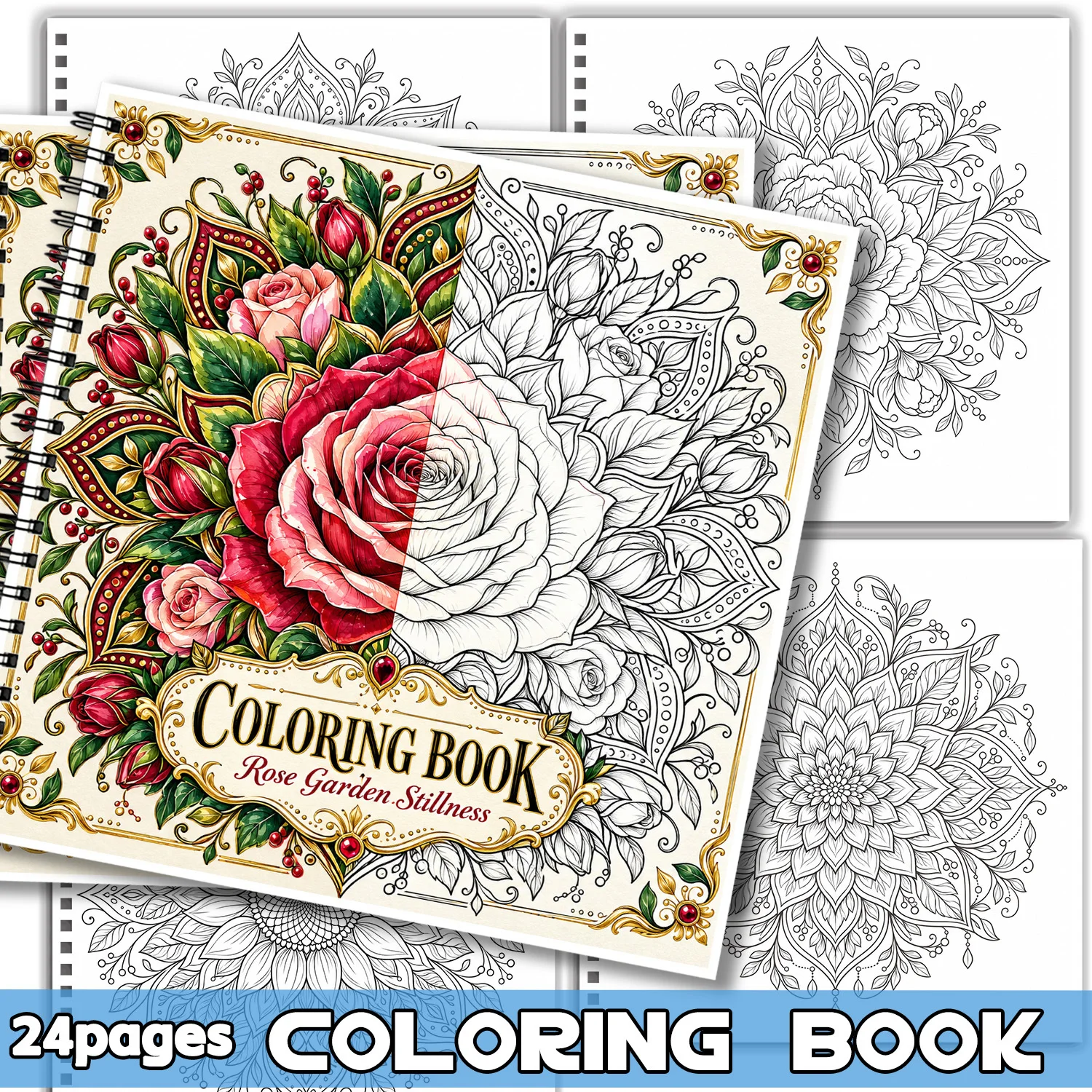 Spiral Binding Coloring Book Rose Garden Stillness Design For Adults Teens Showcasing Creativity Relieving Stress Mandala Design