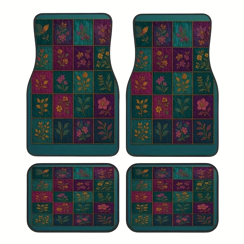 4pcs Set, Vintage Floral Pattern Car Rubber Mats, Universal Non-Slip Carpet, Easy To Clean, Pet-Friendly Car Interior Additions,