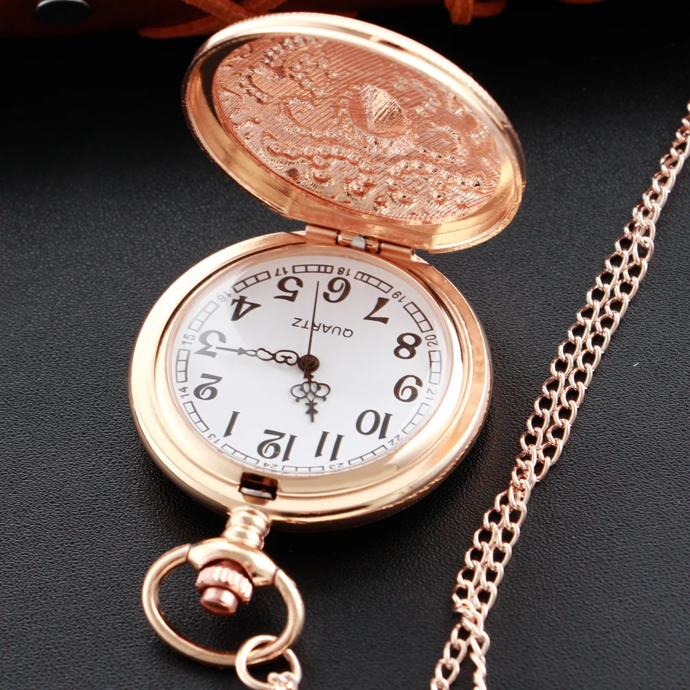 Rose Gold Fan-Shaped Diamond Pocket Watch Necklace Fob Chain Steampunk Clock Quartz Vintage Pocket Watch for Men and Women Gift