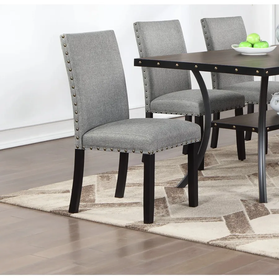 Natural Wooden Rectangle Top Dining Table 6 Side Chairs Gray Fabric Nail Heads Trim Storage Shelf 7 Piece Dining Set