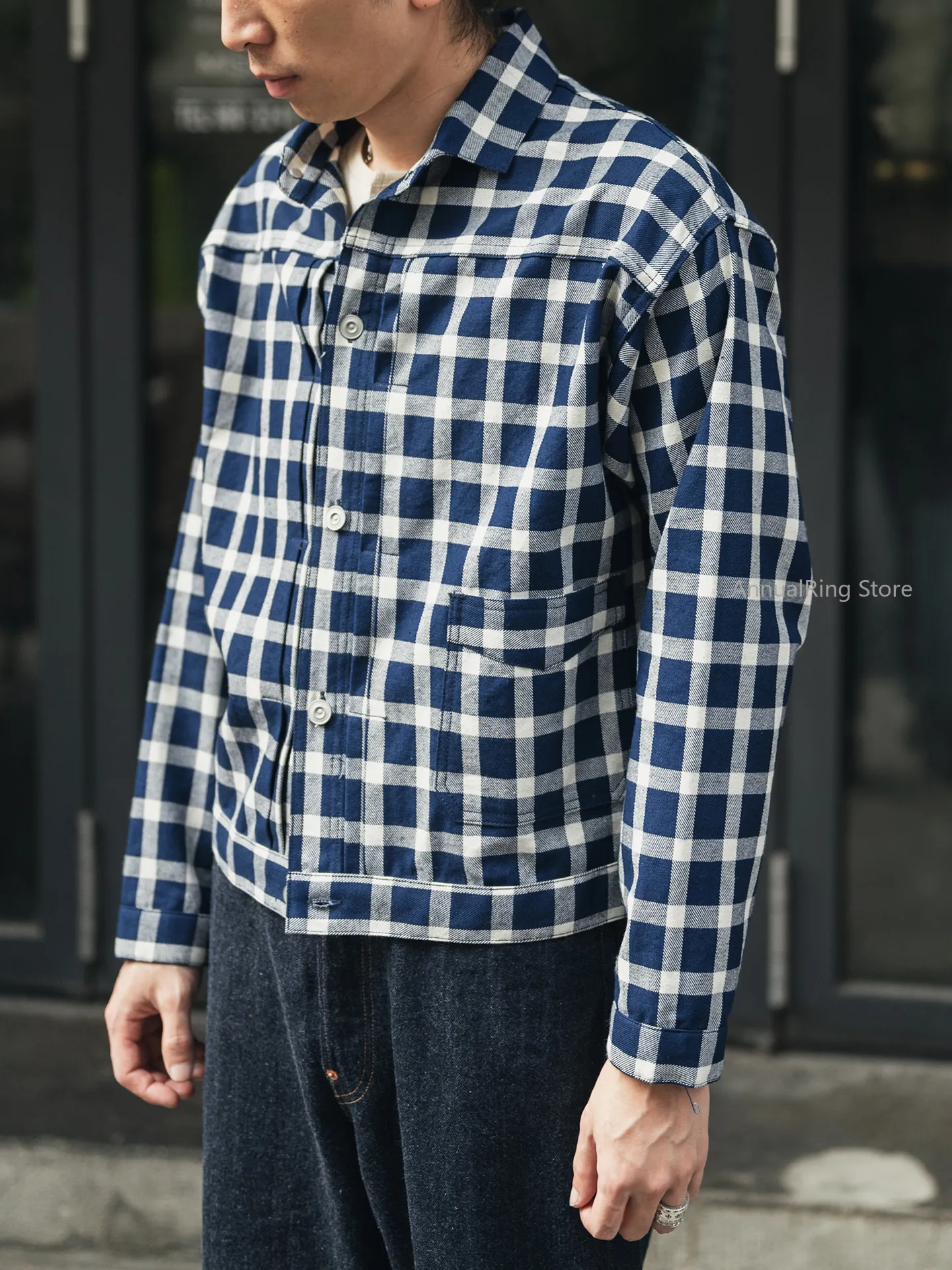 Rugged Bronson Lot 913 Palaka Checkered Blouse Men 10oz Yarn-Dyed Cotton Indigo Plaid Work Jacket Vintage 1910s Boxy Fit