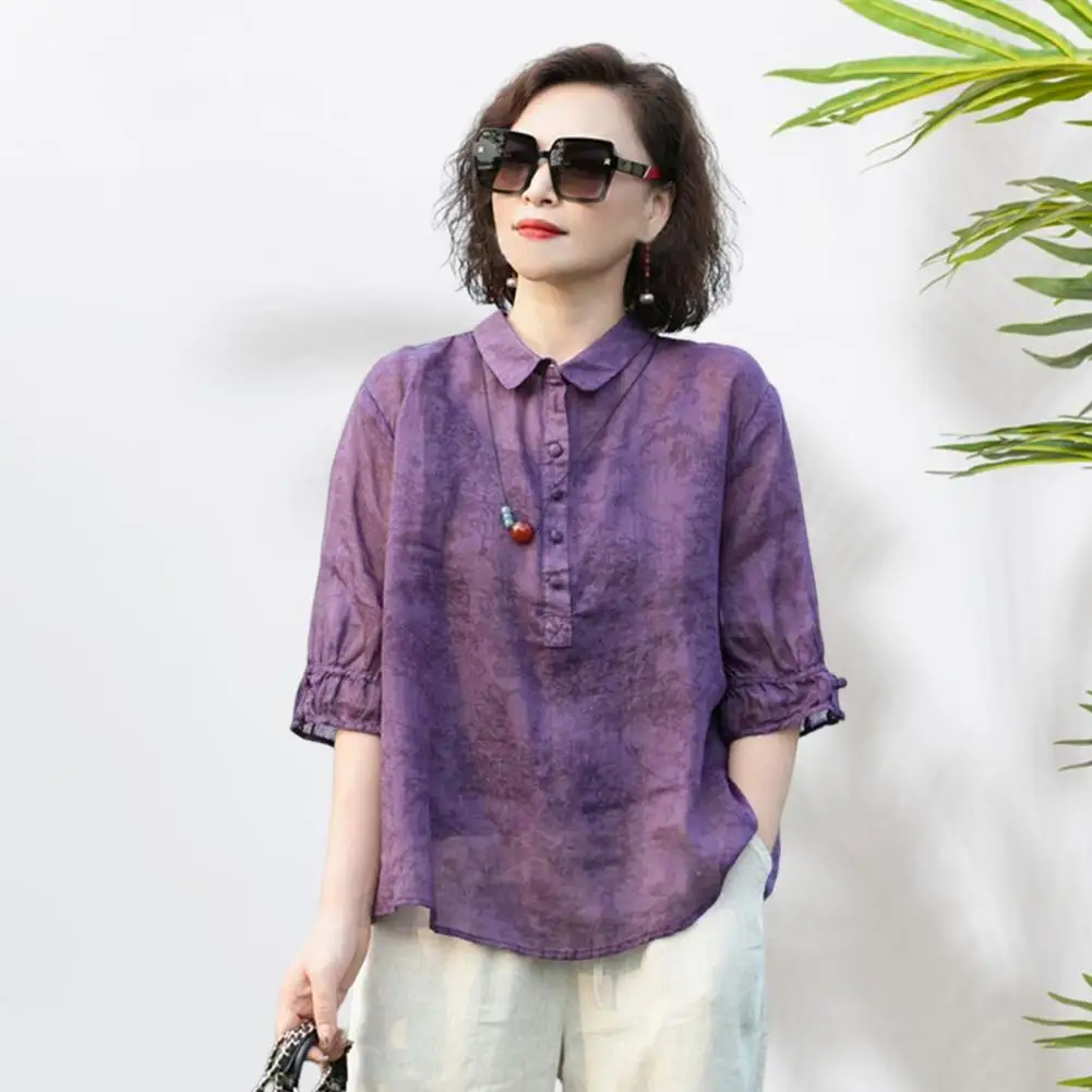 Women Shirt Lapel Buttons Neckline Half Sleeve Pullover Tops Jacquard Print Solid Color Loose Fit Thin Shirt Harajuku Linen Tops