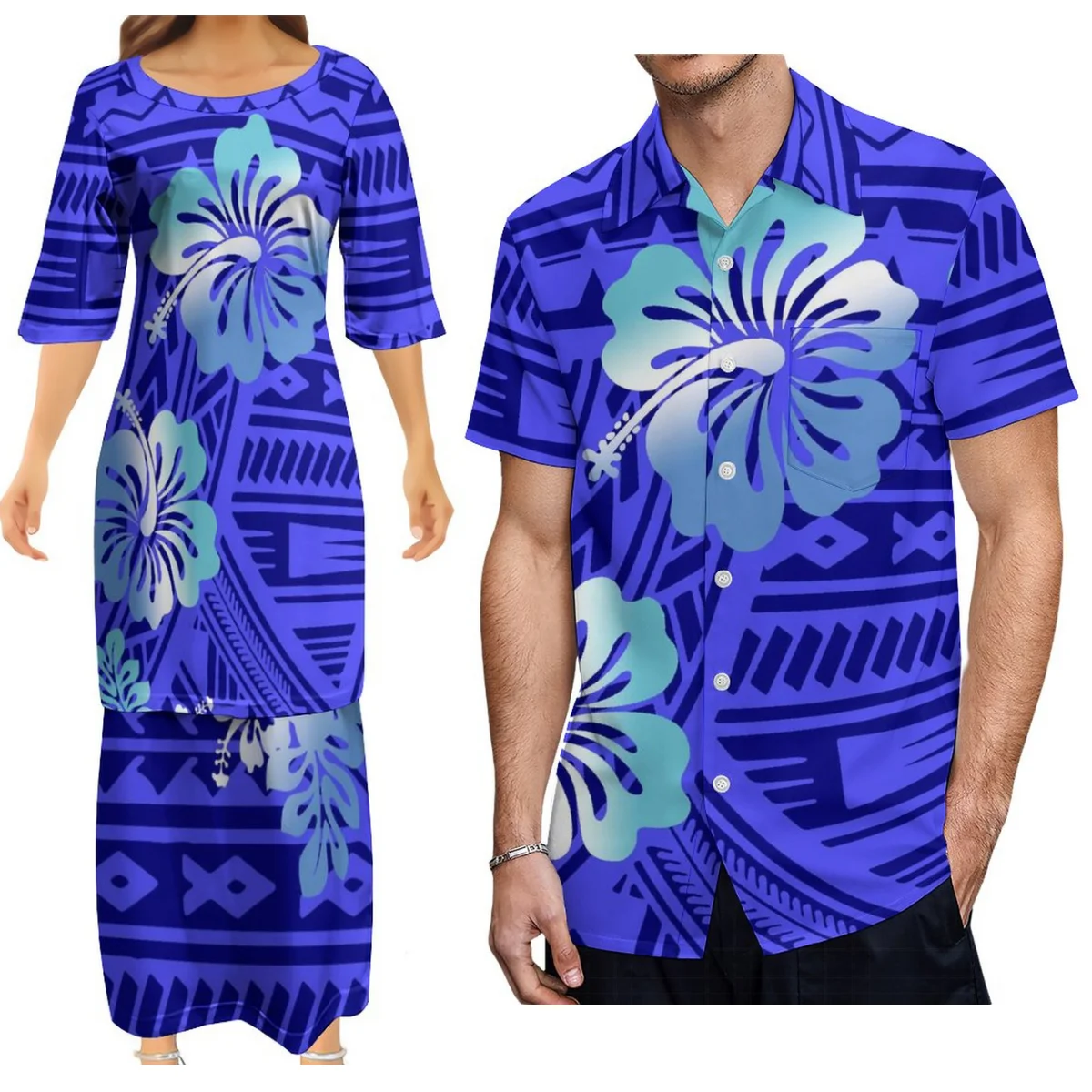 Polynesian Tongan Tribe Print 2-Piece 7xl Women\'S Half-Sleeved Dress Matched With Men\'S Shirt Support Design