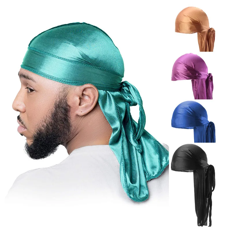 Durag Long Tail Silky Scarf Muslim Doo Rag Pirate Hat Durag Chemo Caps Skull Hat Turban hair band Bandanas 18 colors for Choose