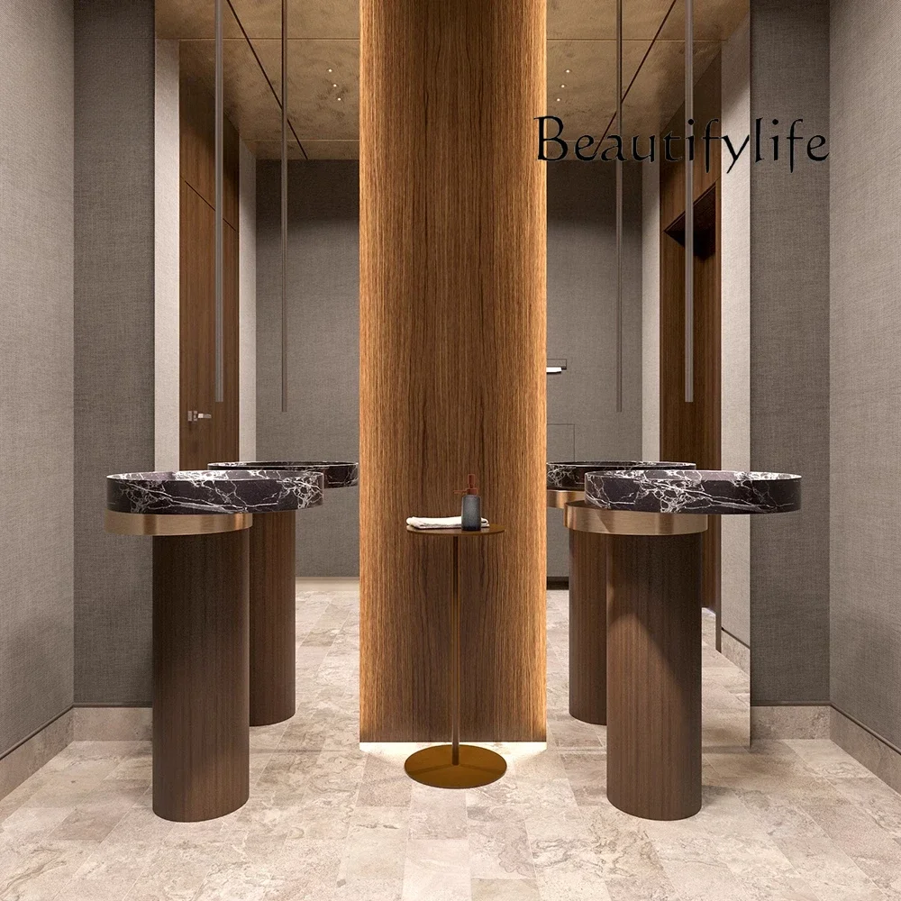 

X Medieval Retro Style Black Marble Floor-to-ceiling Bed And Breakfast Club Wash Hands And Face Column Basin