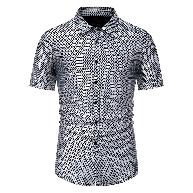 

70’s Disco Men‘s Metallic Shirts For Party Stylish Stage Performance Mens Short Sleeve Shirt Loose Prom Nightclub Chemise Hombre