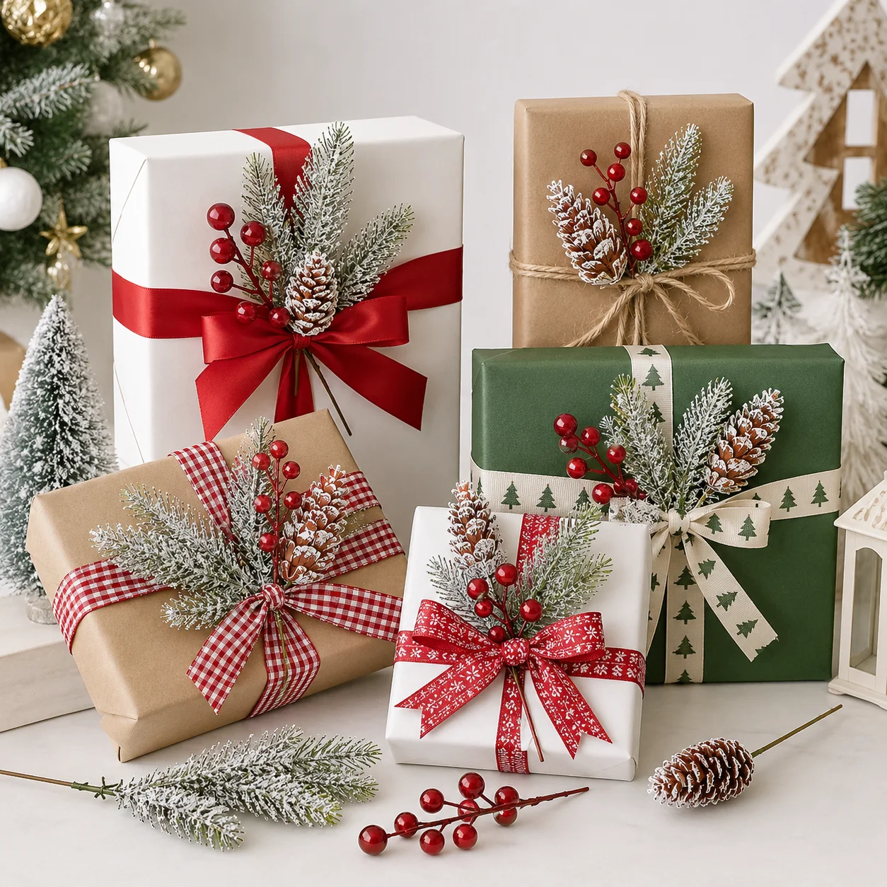 20 Stück künstliche Weihnachts-Zedernzweige mit roten Beeren, Tannenzapfen und schneebedecktem Wintergrün für Vasen, Kränze, Girlanden und DIY-Dekorationen – Detail 2