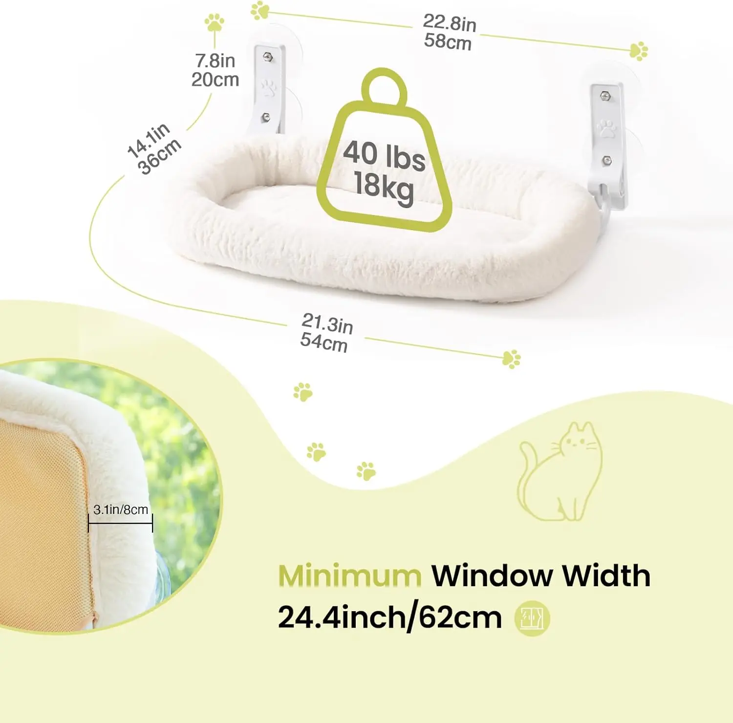 Mewoofun Percha plegable para ventana de gato con 4 ventosas fuertes Hamaca inalámbrica para ventana de gato Cubierta suave extraíble Blanco Marrón Verde