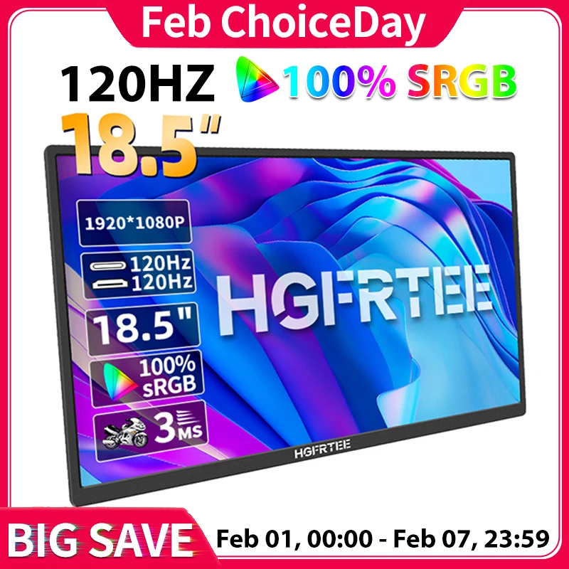 HGFRTEE 18.5inch Portable Monitor 120Hz RGB100% With VESA Hole & Back bracket Laptop Extended Display ADS-IPS HDR Screen