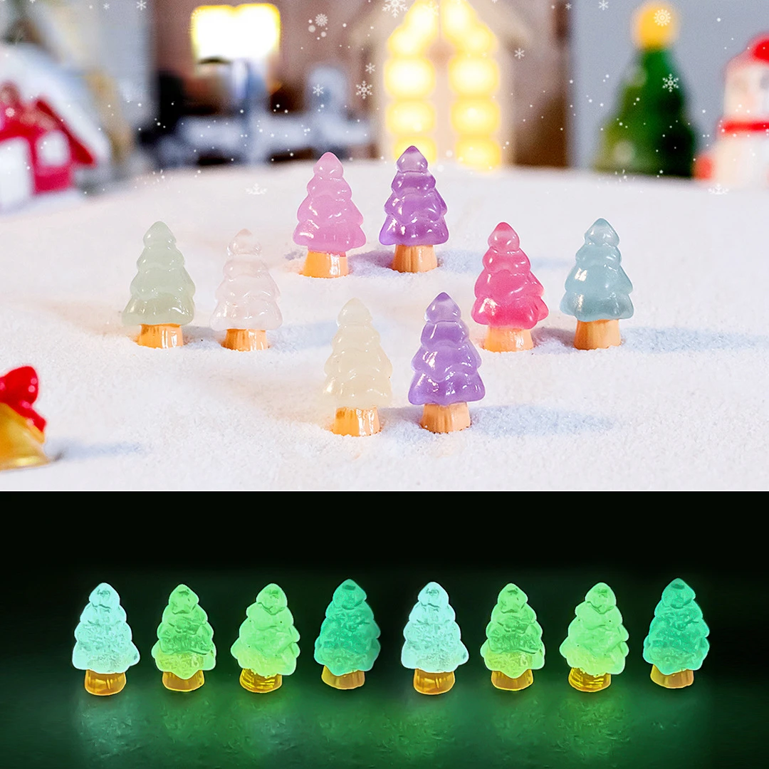 50Pcs/bag Mini Christmas Tree Luminous Ornament Miniature Figures Tiny Trees Micro Fairy Garden Landscape Home Christmas Decor