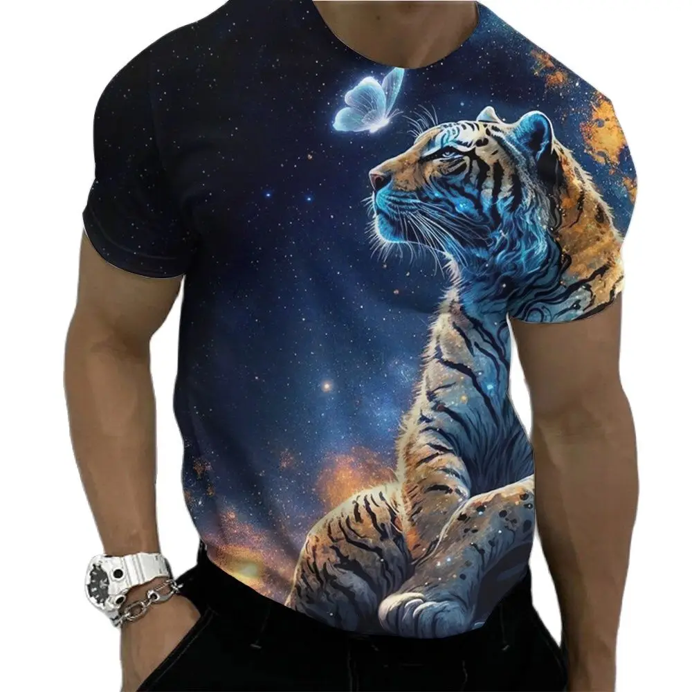 2023 Summer T-shirts Men Animal Tiger 3d Print Fashion Short Sleeve Tops Micro Elastic Sport Fitness T Shirt For Men Clothing