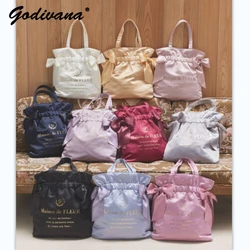 Japanese New 10Th Anniversary Elastic Band Drawstring Bag Women's Cute Double Bow Portable Shoulder Bag for Girls