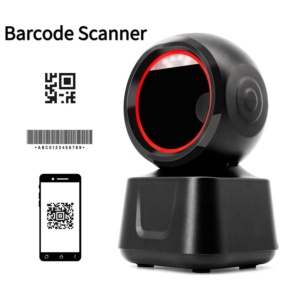 1D 2D QR Desktop Wired Barcode Scanner Hands-Free Auto Sense Reader USB Compatible w/ Window Android System Image CMOS Sensor