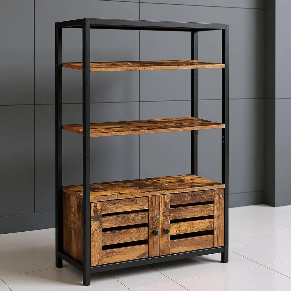 

Industrial Style Multifunctional Bookshelf with 3 Shelves and Louvered Doors, Rustic Brown for Living Room, Study, Bedroom