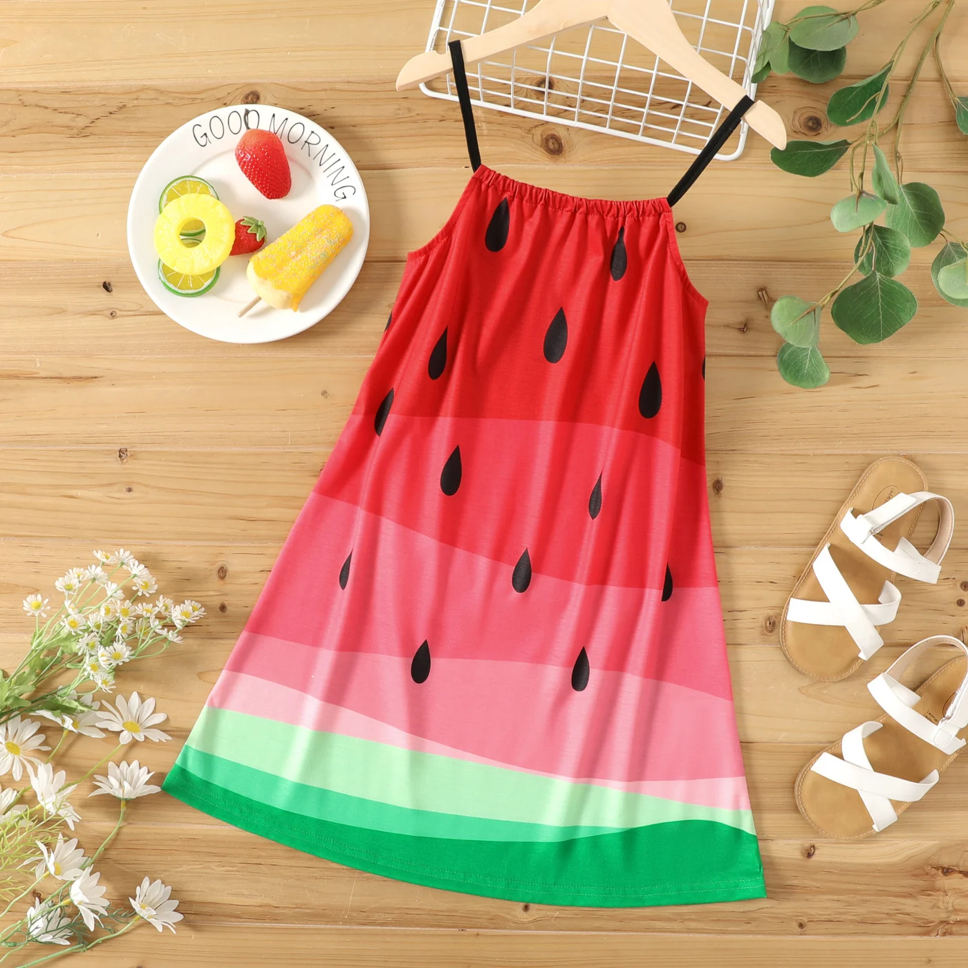 PatPat Kid Girl Watermelon Print Colorblock Cami Dress