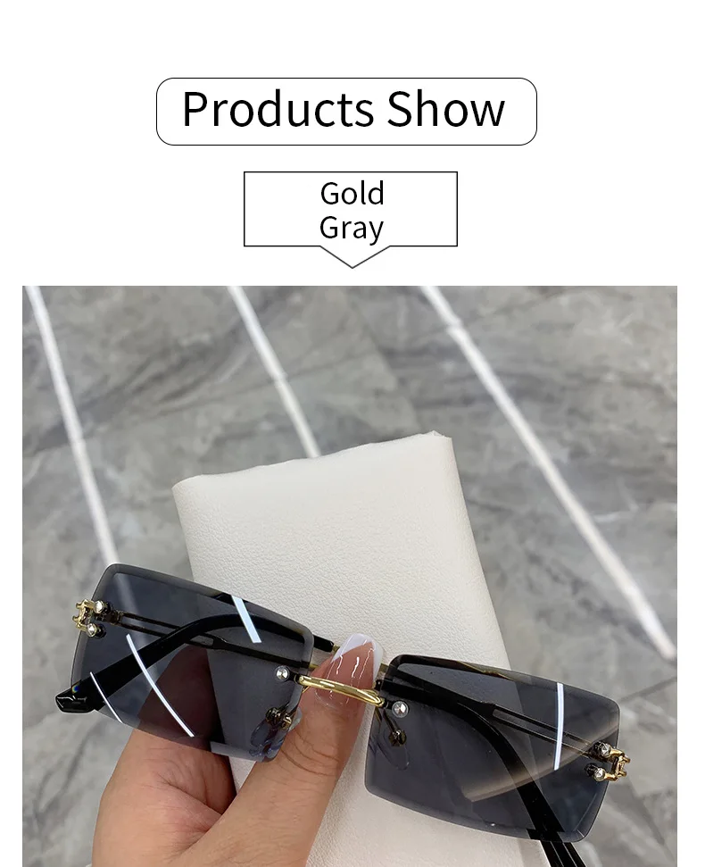 2026 Retro Sonnenbrille für Damen, Markendesigner Randlose Verlaufsgläser, Modische Sonnenbrillen mit Schneidegläsern, Rahmenlose Damenbrillen – Detail 2