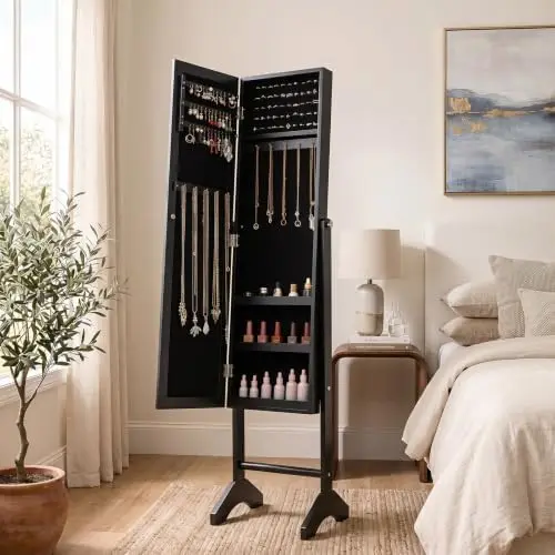 Jewelry Armoire with Full Length Mirror, Freestanding Jewelry Organizer Cabinet with Ring Slots, Earring Holders
