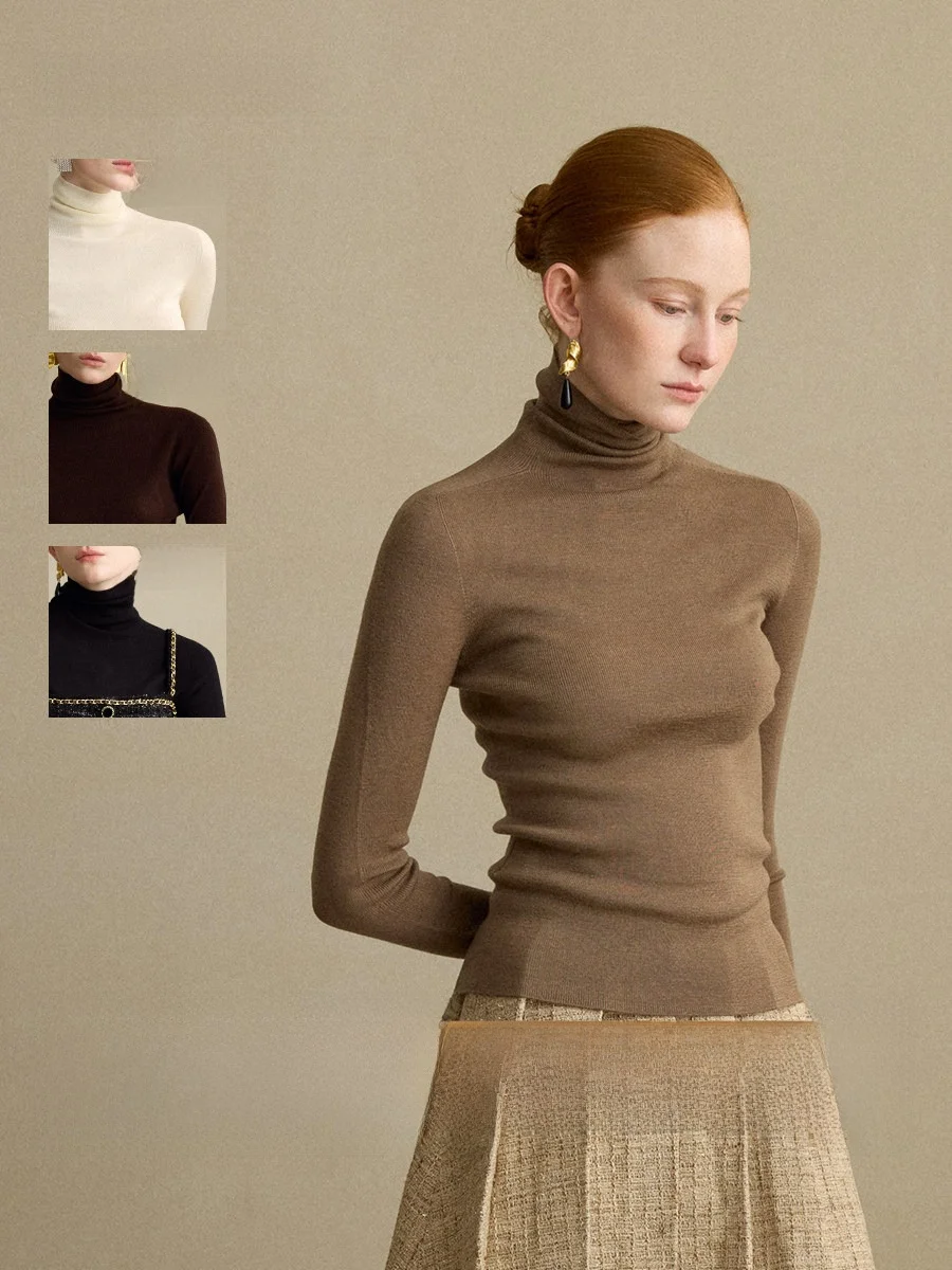 

Pure Color Slim Fit High Collar Long Sve Woolen Base irt Women's Faion French Sle Knitted Sweater Autumn Season