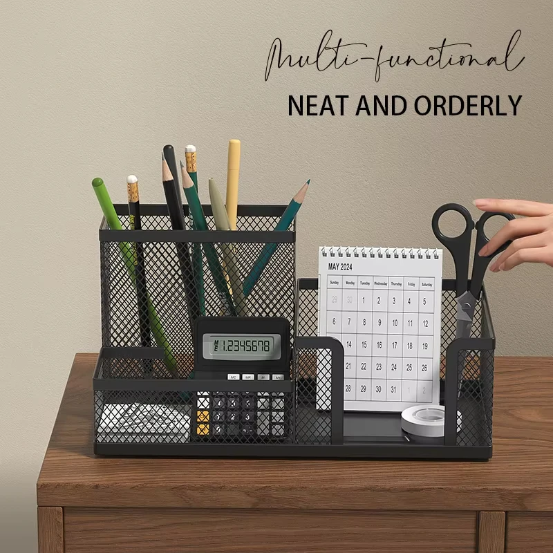 Organizador de mesa de malha, material de escritório, caddy com suporte de lápis e cestas de armazenamento para acessórios de mesa, 3 compartimentos, preto