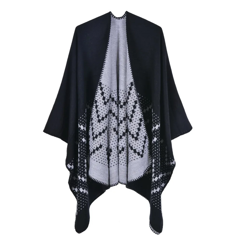 Imitation Cashmere Knitted Shawl Women Cross-border Autumn Winter Cloak Warm Scarf Poncho Lady Capes Black Cloaks