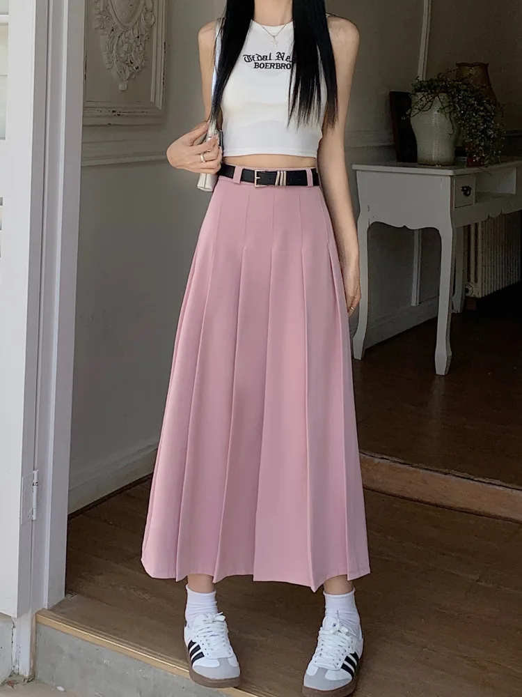 

Fashion High Waist A-line Pleated Skirt Women Office Lady Harajuku Elegant Solid Color All-match Skirt Streetwear New