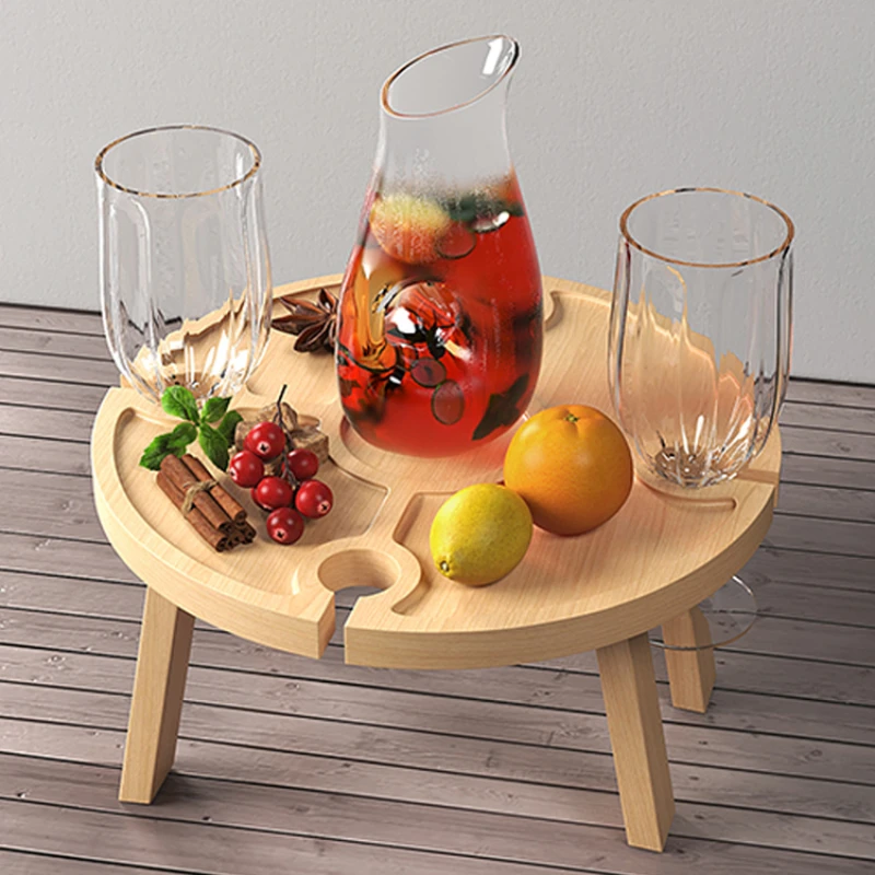 

Spring outing picnic small table portable red wine glass wine rack wooden dining plate folding circular wine table outdoor snack