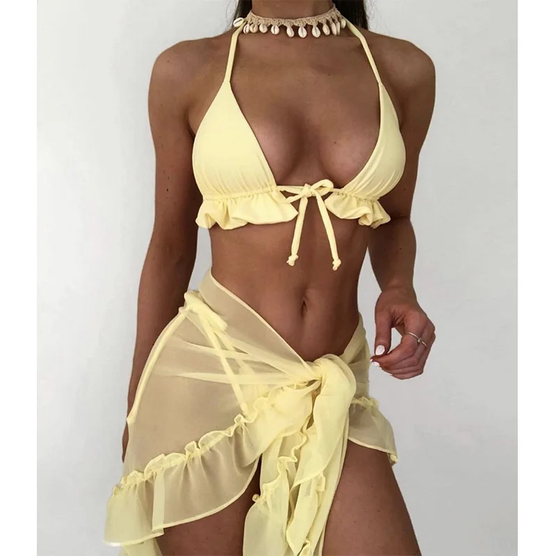 

Split Mesh Skirt Bikini Three-piece Set Women's Summer Polyester Casual Sportswear Three-piece Swimsuit Ensemble