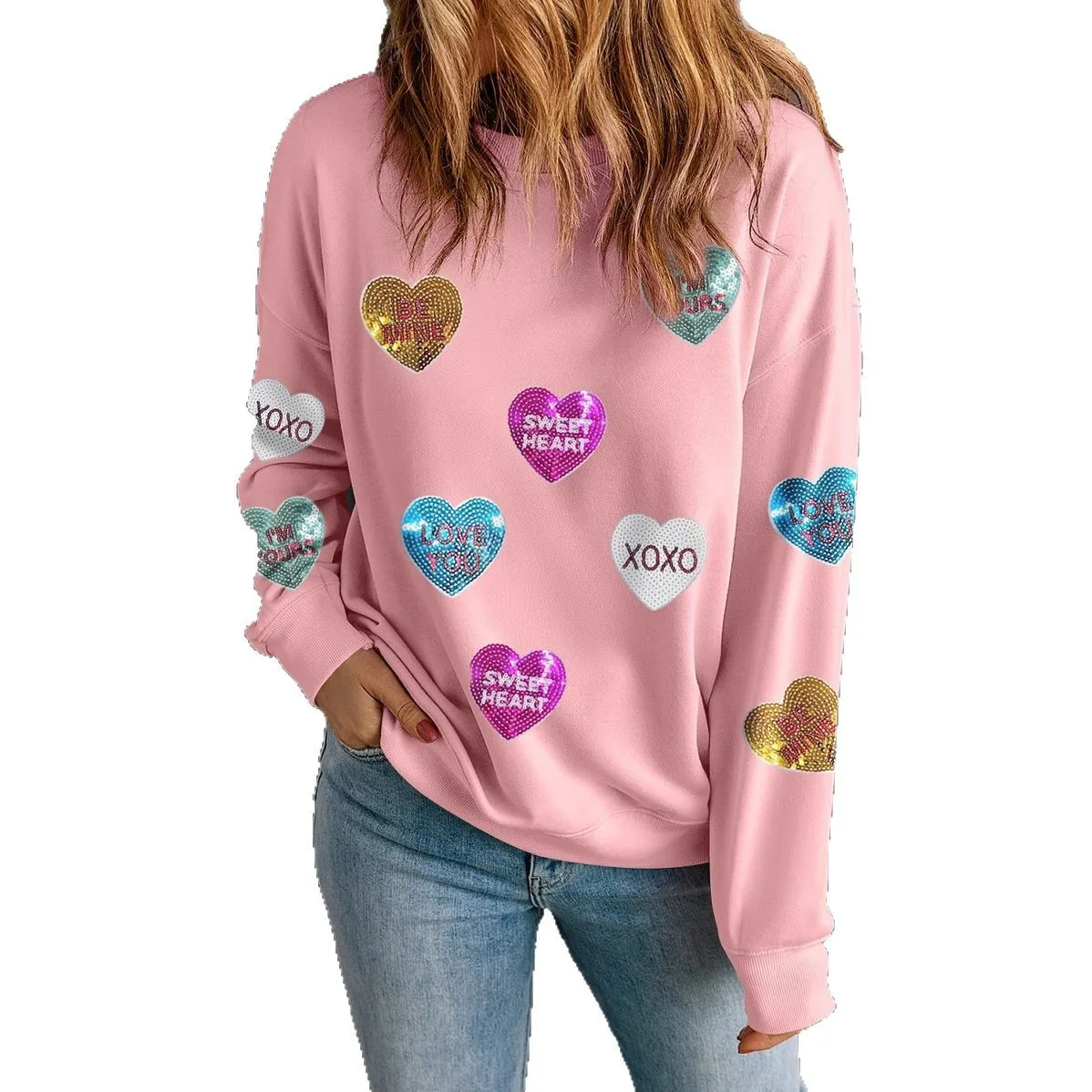 Obral Besar Kaus Gambar Hati Romantis, Atasan Pullover Rajut untuk Hari Valentine Musim Semi Barang Baru