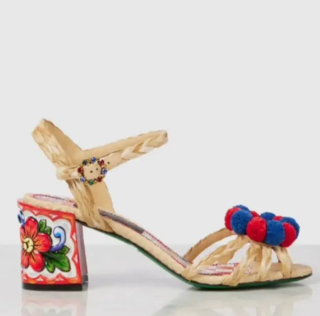 Bohemia Style Pompom Flower Floral Printing 6cm Chunky Heels Sandals Leather Braided Ankle Strap Summer Sandals view 3