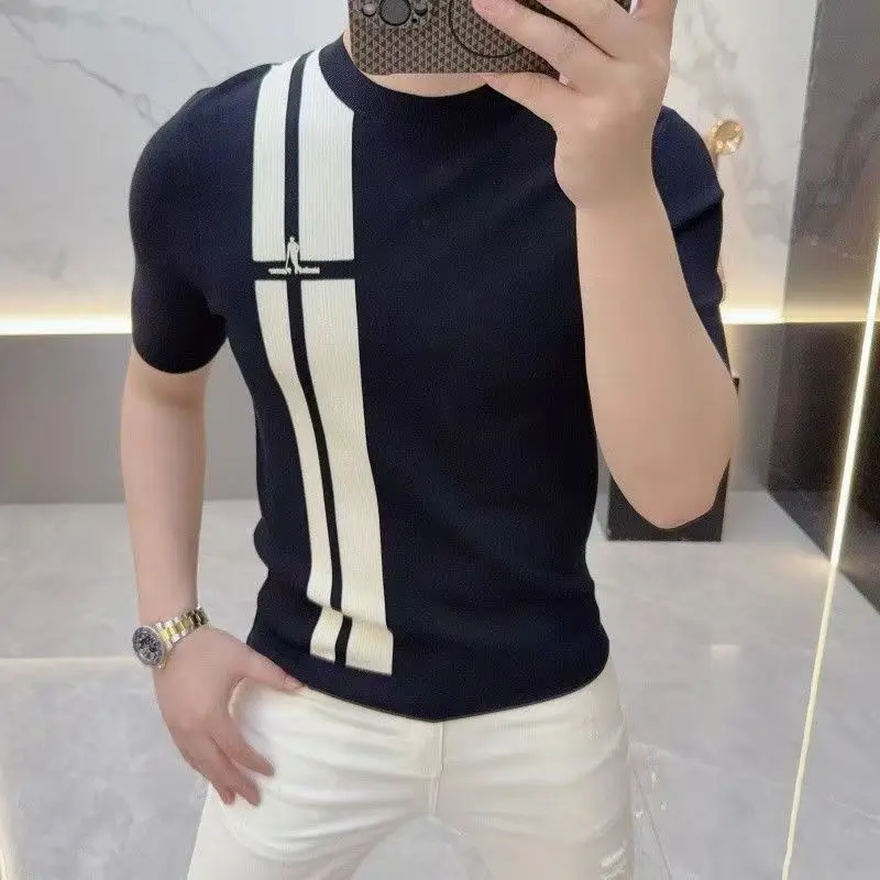 

Высококачественные мужские полосатые трикотажные футболки с короткими рукавами и круглым вырезом, тонкие мужские футболки с половиной рукавов, футболка M-4XL