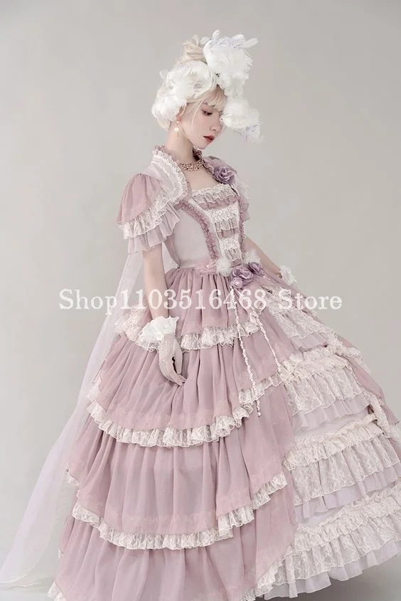 Fantasy Lolita Prom Dress Peach Pink Victorian Corset Tie Lace Ruffle Cake Dress with Shawl Masquerade Halloween فساتين سهرات