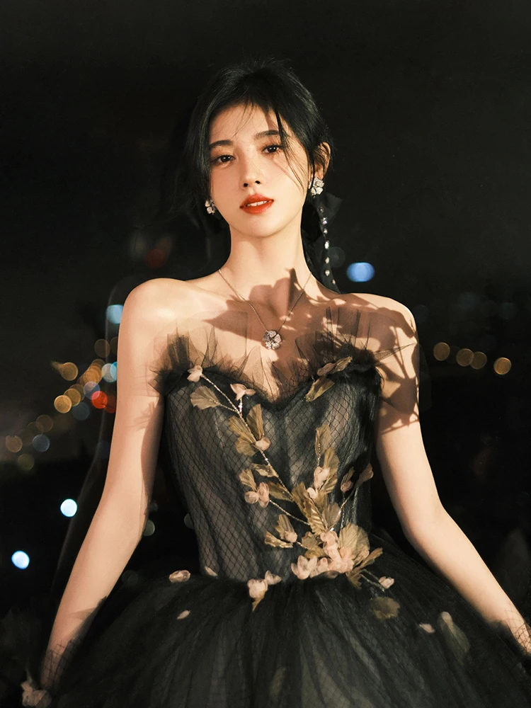 

Elegant Black Evening Gown Women's 2026 New High-End Luxury Wedding Dress Birthday Adult Princess Engagement Korean Style