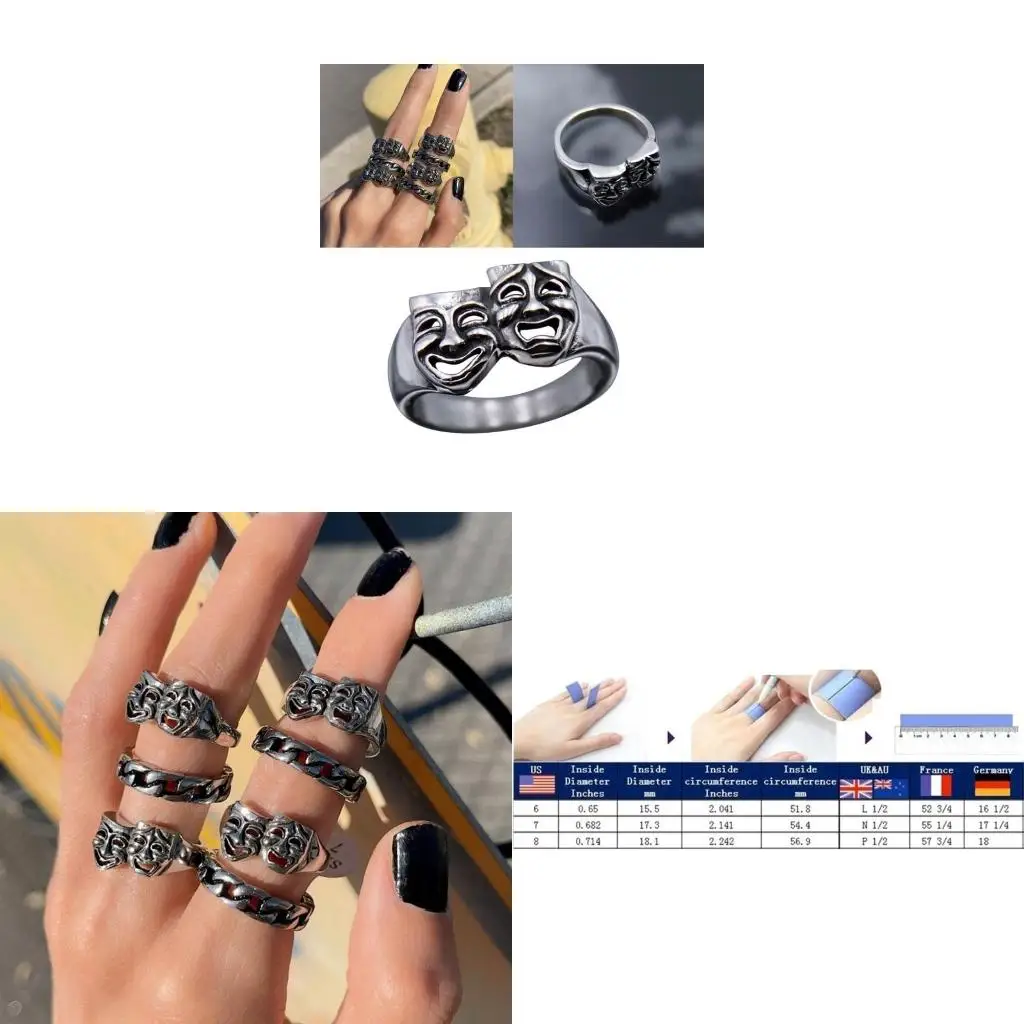 Crying Mask Rings Asymmetrical Comedy Tragedy Mask Wide Statement Ring Fashion ​Stackable Finger Ring Jewelry