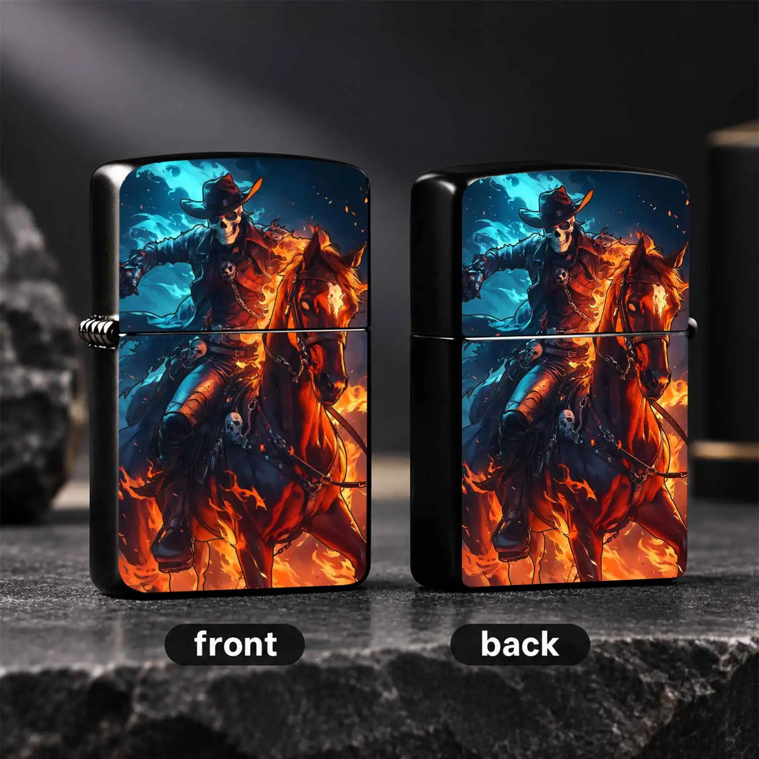 Western Rider Themed Lighter, Cool Fiery Skeleton Cowboy Horse Print, Portable Stylish Accessory For Daily Use Outdoor Gathering Holiday Gifting, Unique Dark Aesthetic Practical Present For Fantasy Art Enthusiasts, Multi-Scenario Durable Ex