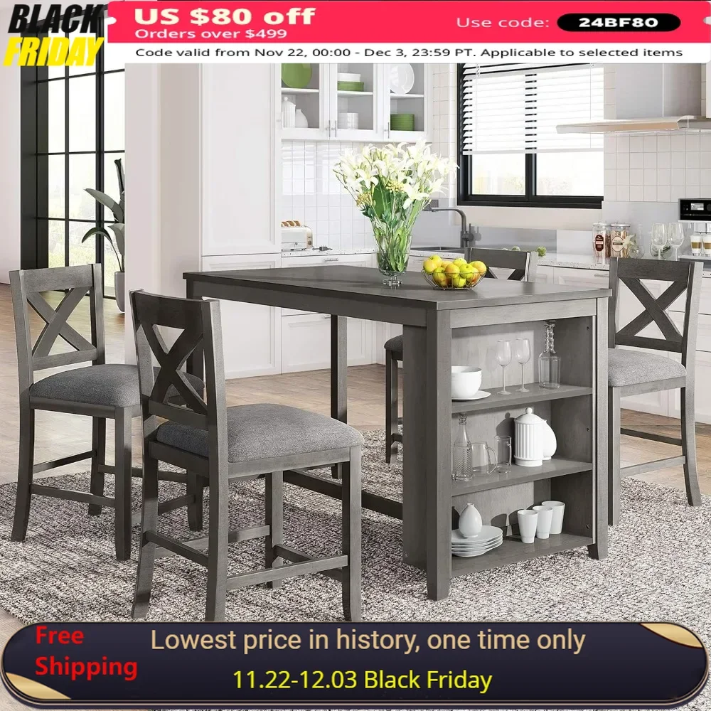 

5 Pieces Dining Table Set with Storage Shelf, Dininer Tables and Chairs Sets, Counter Height Rustic Farmhouse Dining Room Set