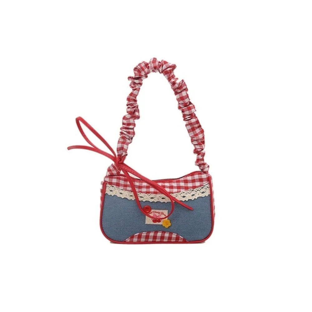 

Portable Rural Style Lattice Shoulder Bag Plaid Bow Denim Underarm Bag Leisure Commuting Crossbody Bag Travel