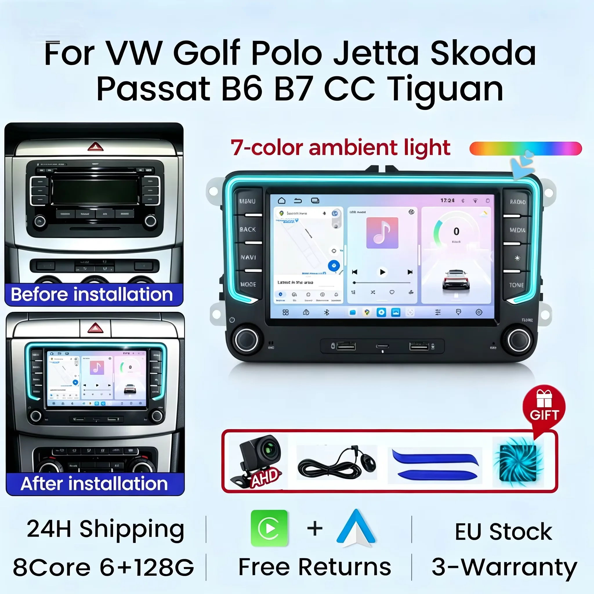 MEKEDE Autoradio Stereo 7'' con Carplay Wireless e Android Auto per Volkswagen VW Golf 5 6 Passat B6 Polo Touran Tiguan Caddy EOS Skoda Octavia Seat Altea Leon Navigazione GPS WIFI RDS FM BT Porta USB